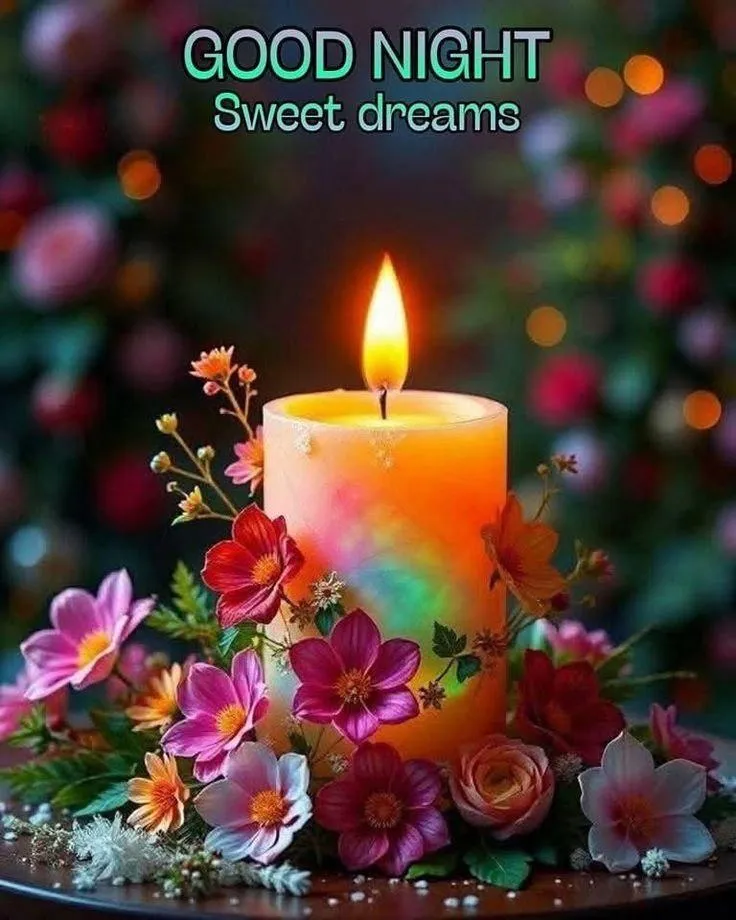 Good Night Candle with Colorful Floral Background Image