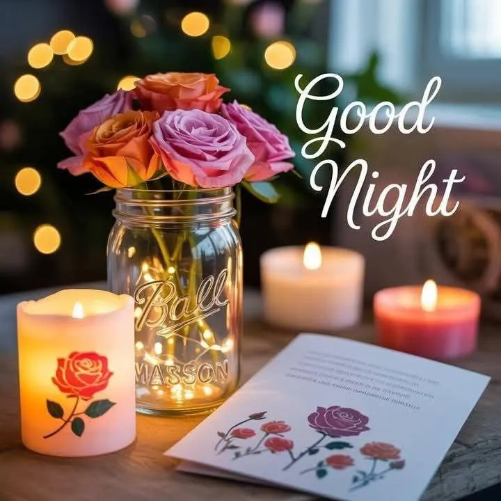 Good Night Card and Flowers with Candle Light Wallpaper