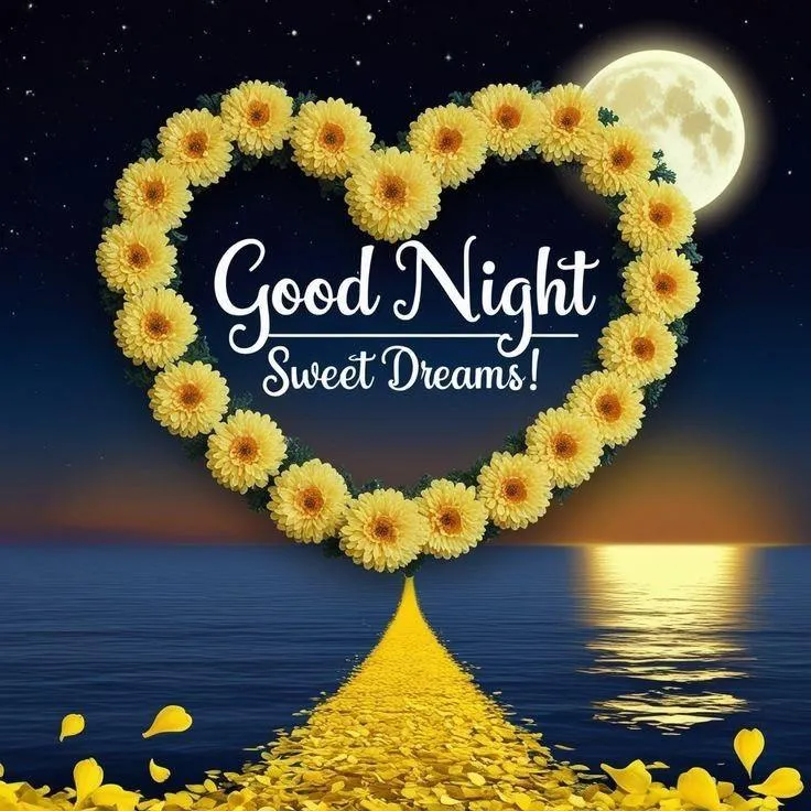 Good Night Heart Made of Yellow Flowers on Dark Background
