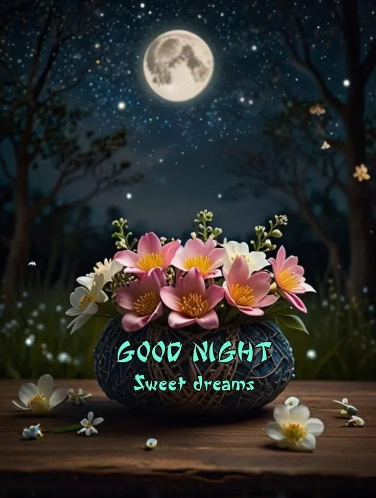 Good Night Moonlit Night with Trees and Starry Sky