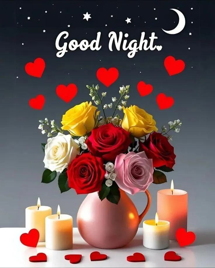 Good Night Red Roses and Candles with Warm Glowing Background