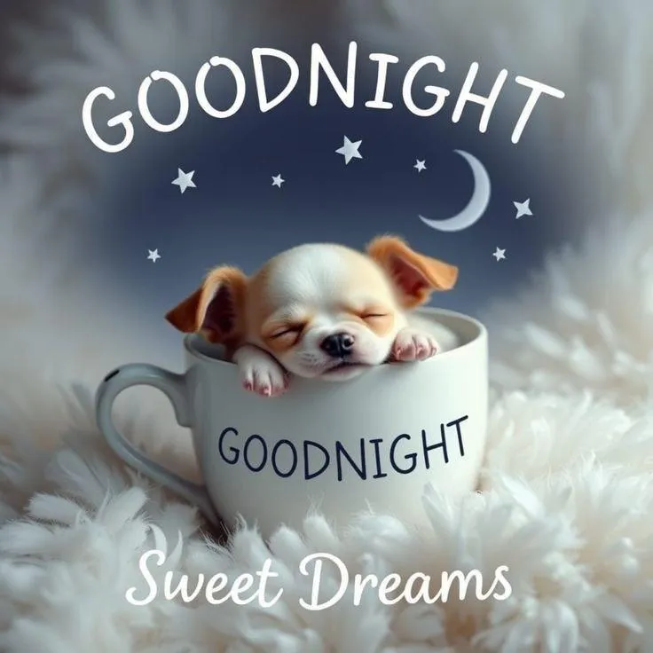 Good Night Sleepy Dog and Stars on Dark Blue Sky Background