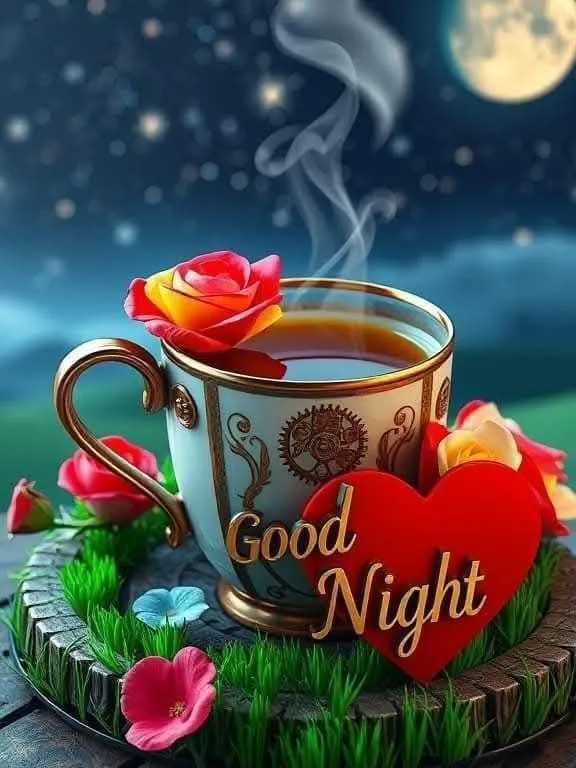 Good Night Tea Cup with Rose and Starry Night Background