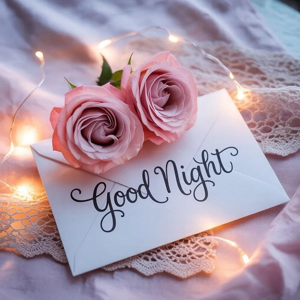 Good Night Wishes with Red Roses and a Greeting Card