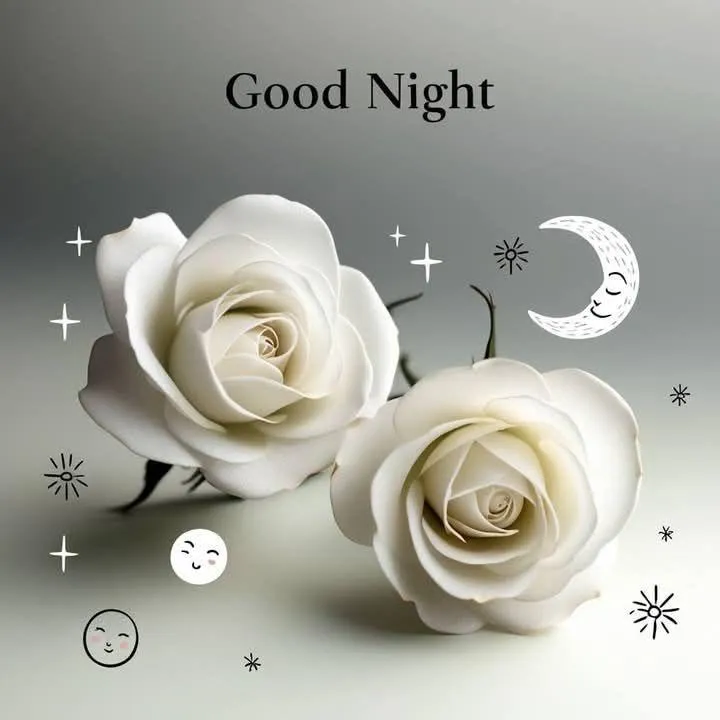 Good Night Wishes with White Roses and Moonlight Image