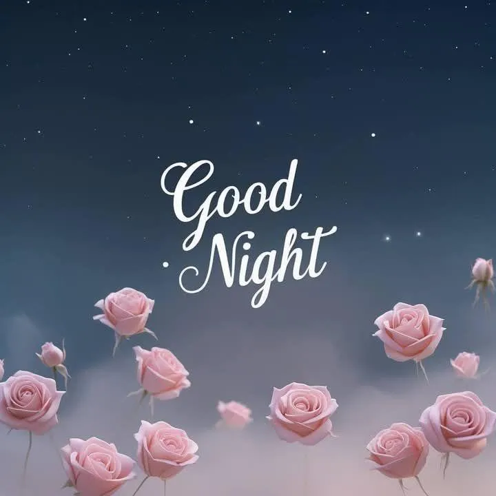 Good Night with Pink Roses on Dark Blue Background