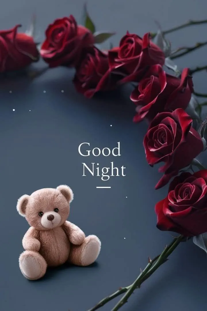 Good Night with Teddy Bear and Red Roses in a Romantic Setting
