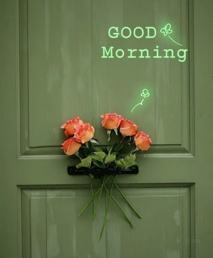 Green Door Decorated for a Simple Joyful Morning Wallpaper