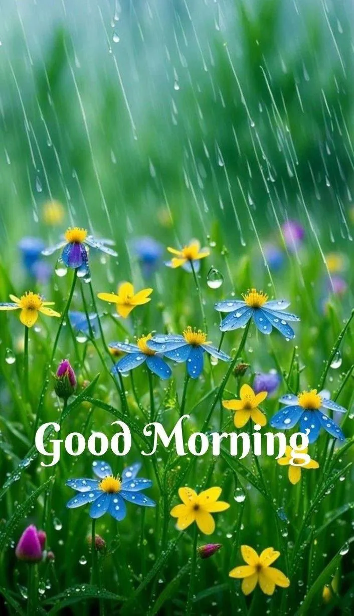 Green Field with Yellow Flowers and Good Morning Text