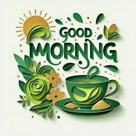 Green Teacup and Leaves Themed Happy Morning Art Wallpaper