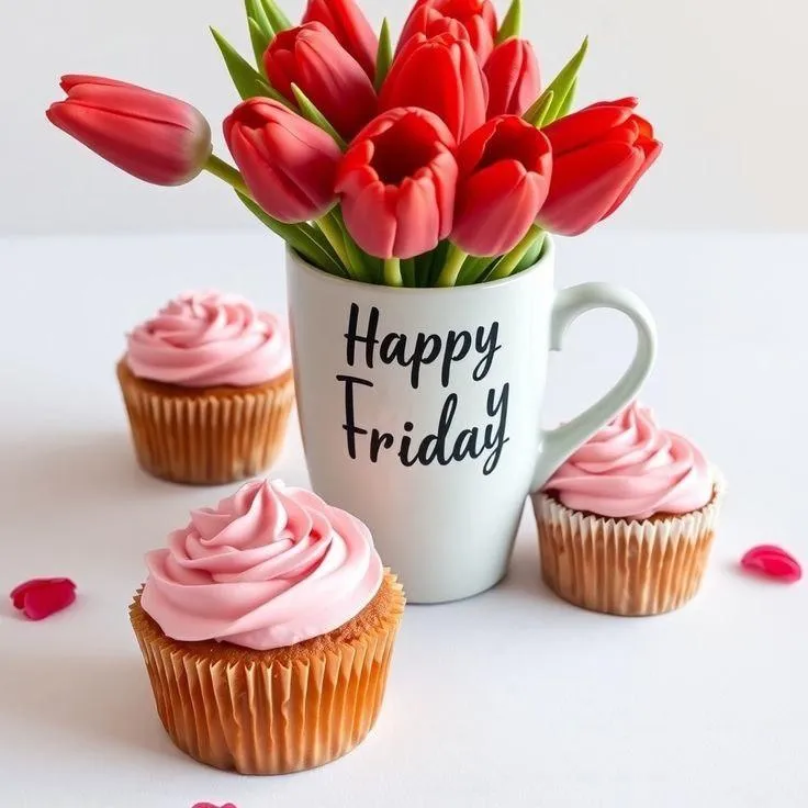 Happy Friday Cupcakes with Tulips and Greeting Wallpaper