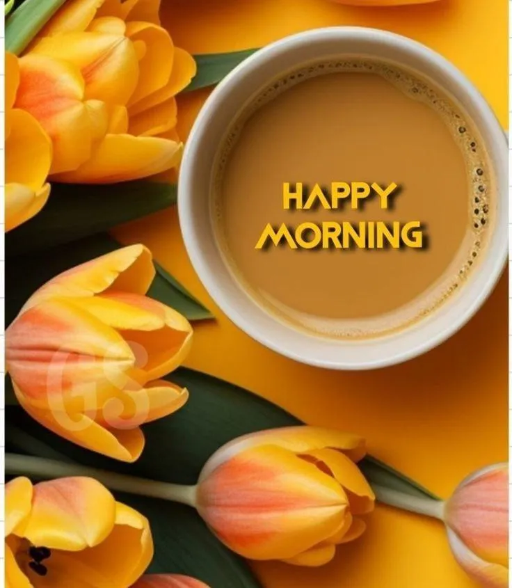 Happy Morning with Coffee and Tulip Flowers Wallpaper