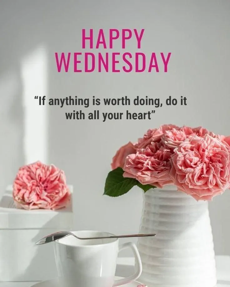 Happy Wednesday with Pink Flowers and White Vase Wallpaper