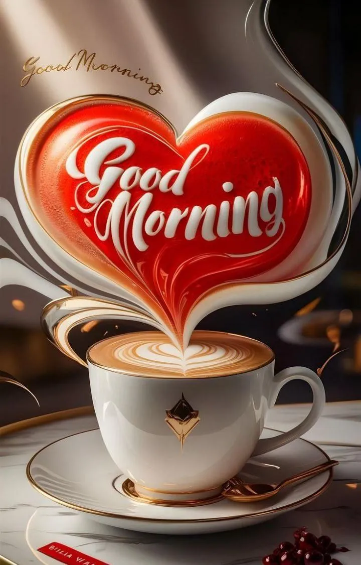 Heart Shape Coffee Cup with Good Morning Text Image