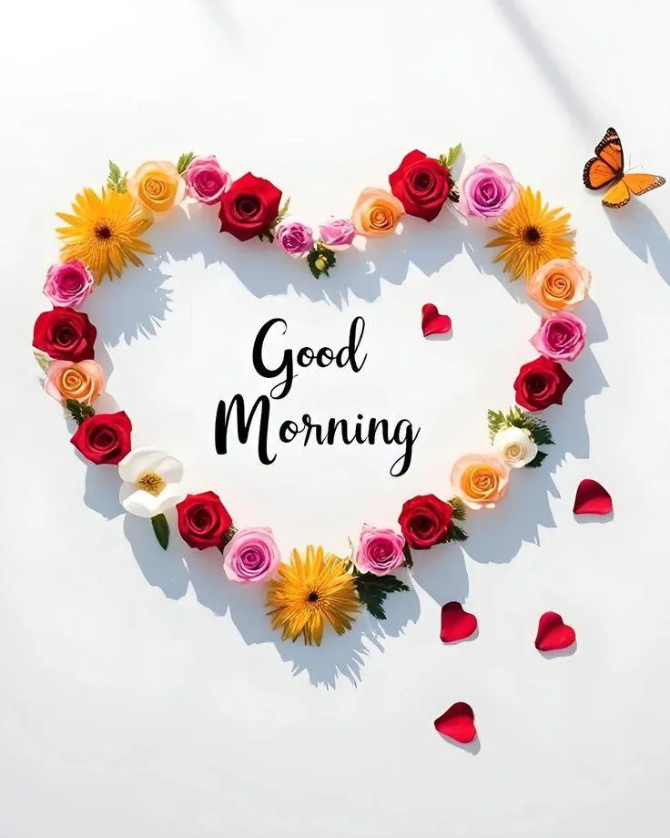 Heart Shape Flowers with Bright Good Morning Text Image