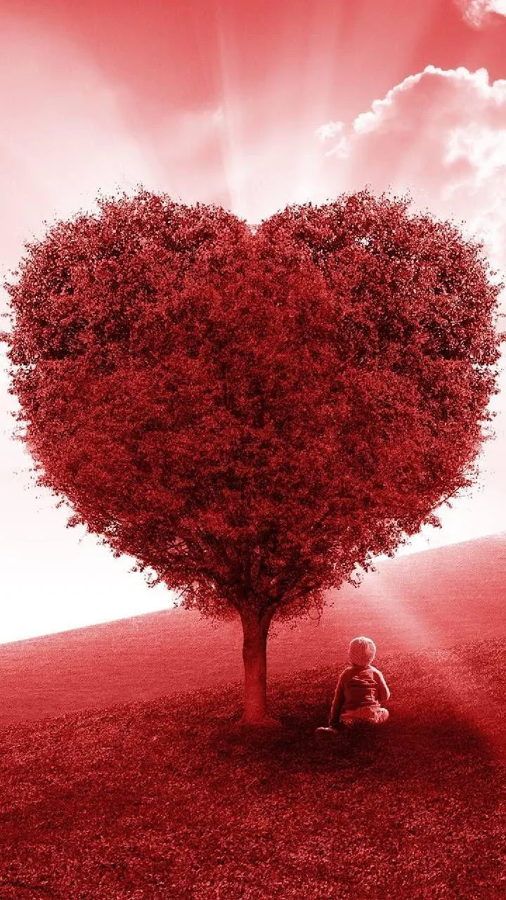 Heart Shaped Tree on Red Field of Romance with Child