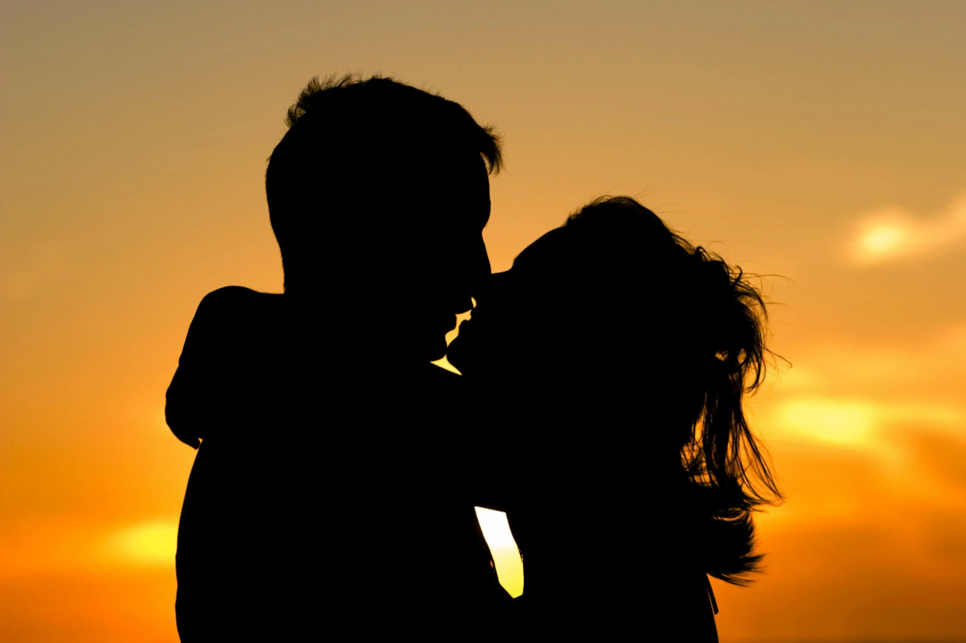 Image of Romantic Silhouette Couple Hugging at Sunset