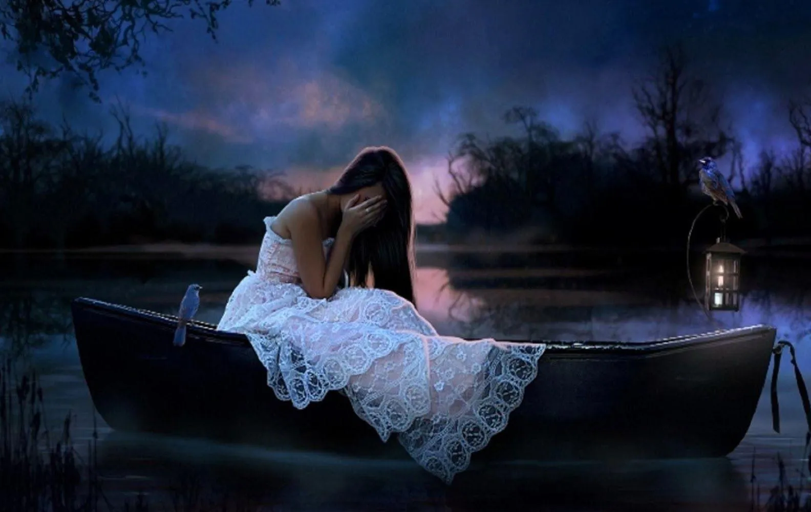 Lonely Woman in Boat Under Moonlit Sky Feeling Sorrow