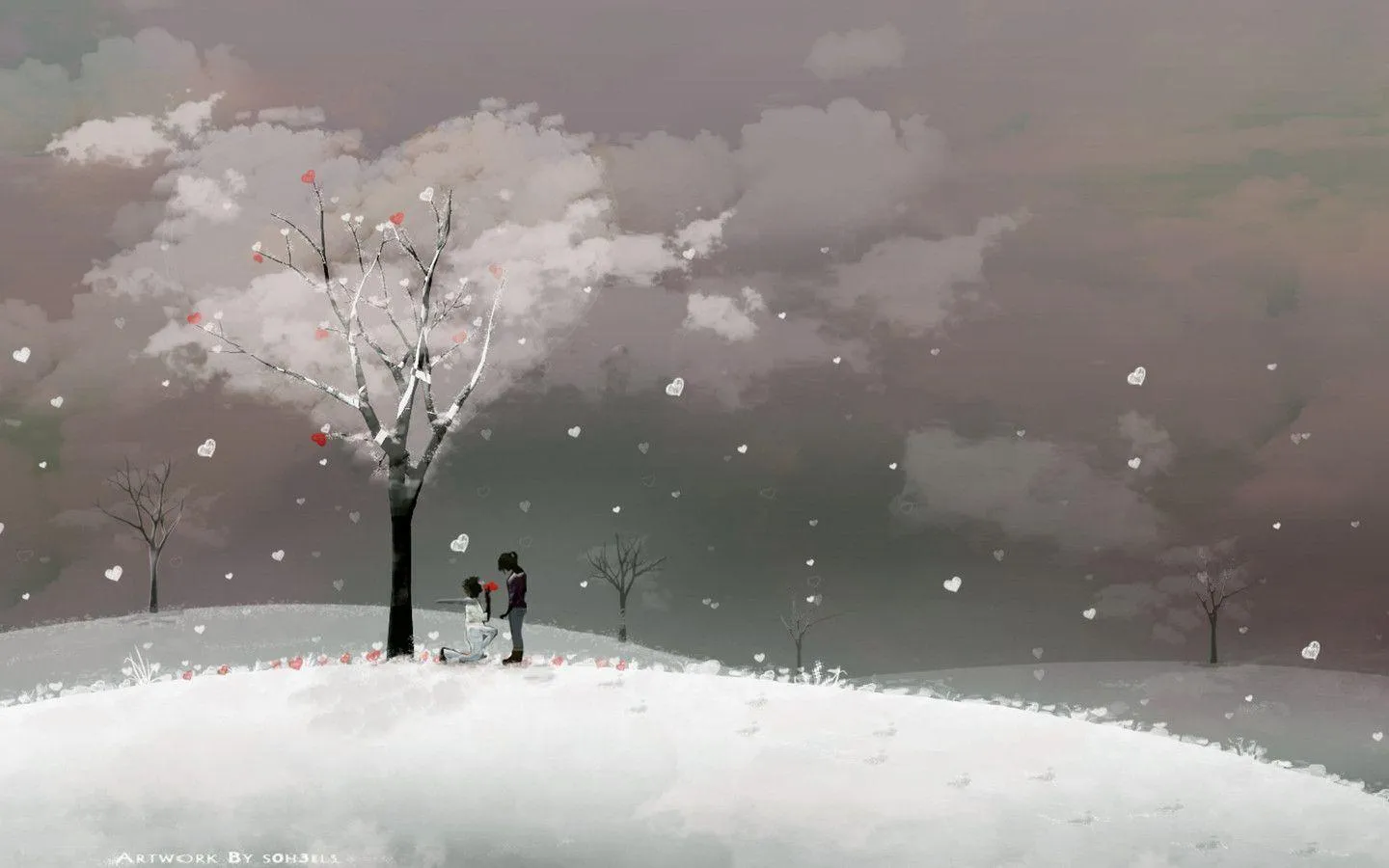 Love Blossoms Under a Quiet Winter Sky of Hearts Wallpaper