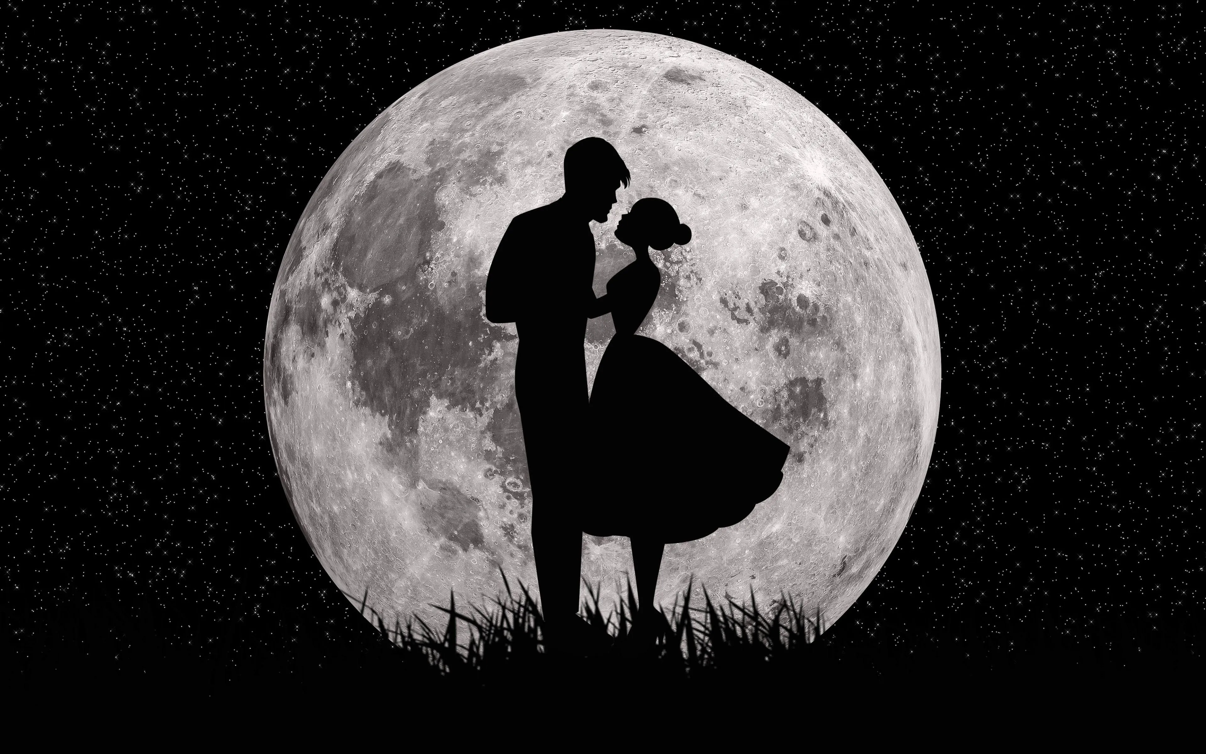 Lovers Dancing Under Full Moonlight Romance Wallpaper
