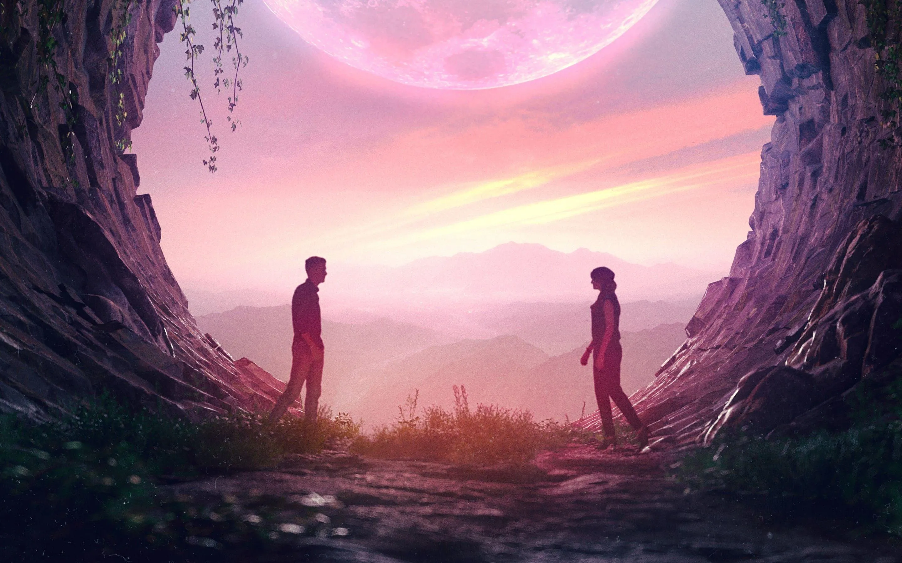 Lovers Meeting in a Magical Fantasy Landscape Wallpaper
