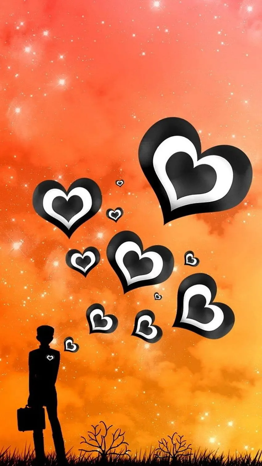 Man Surrounded by Floating Hearts in Orange Sunset Wallpaper