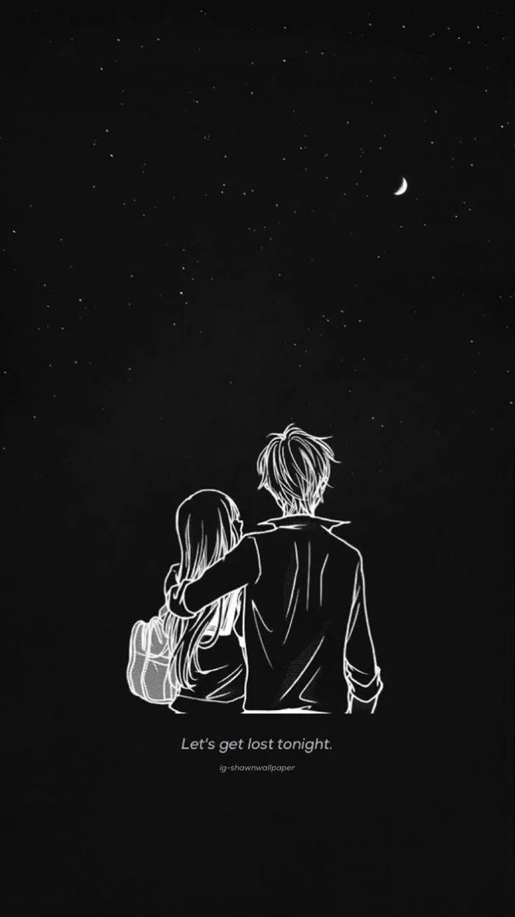 Monochrome Couple Sitting Together Under the Starry Night