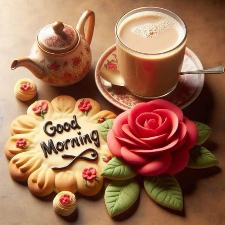 Morning Coffee and Sweet Bread with Rose Flowers Arrangement
