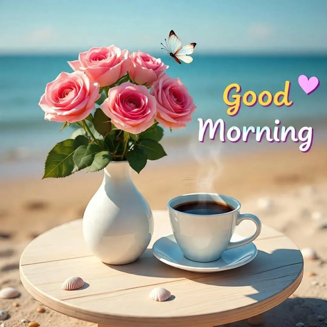 Morning Coffee with Roses and Good Morning Text Wallpaper