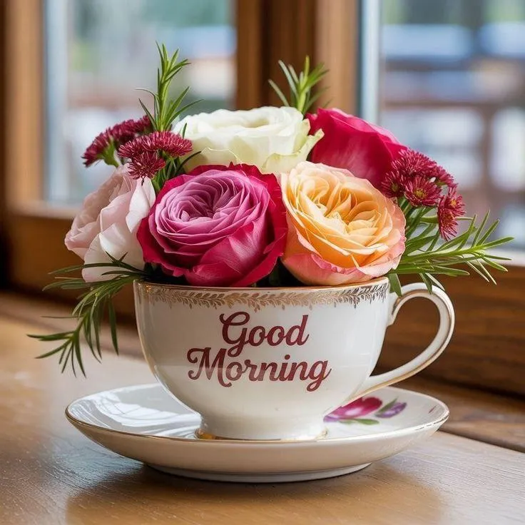 Morning Roses in a Good Morning Coffee Cup Image
