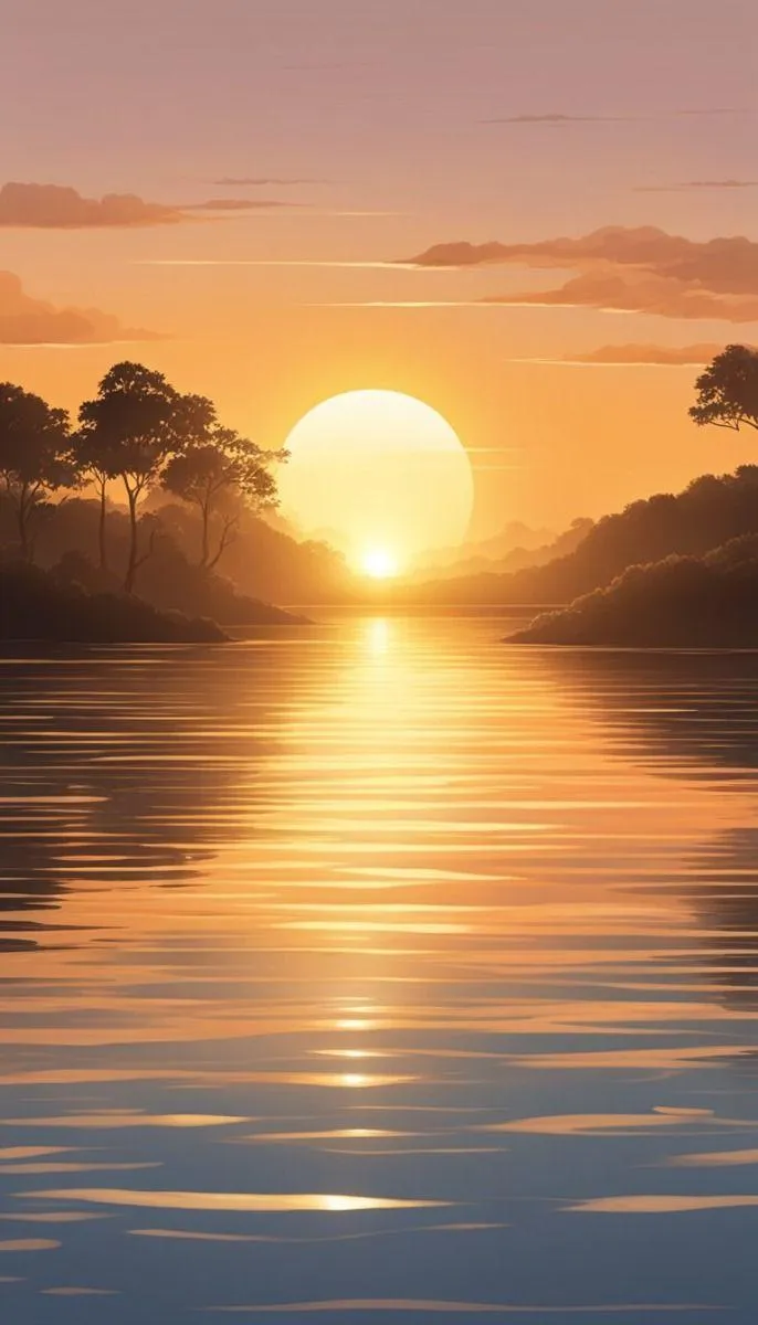 Morning Sunrise Over Calm Water with Reflection Image