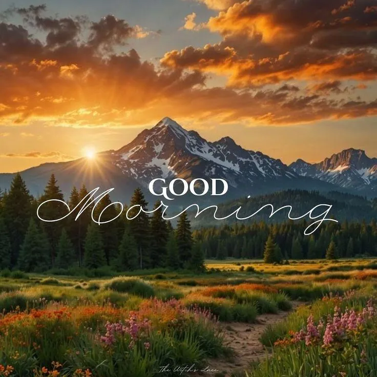 Mountains and Sun with Good Morning Text in White Image
