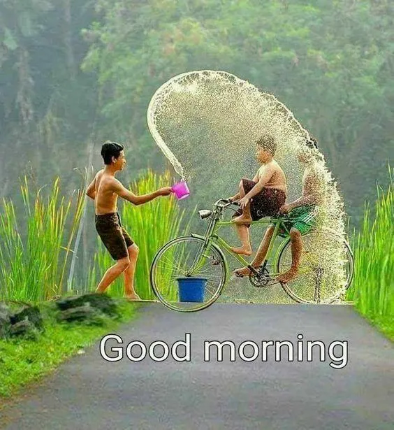 Nature Scene with Two Kids Wishing You Good Morning