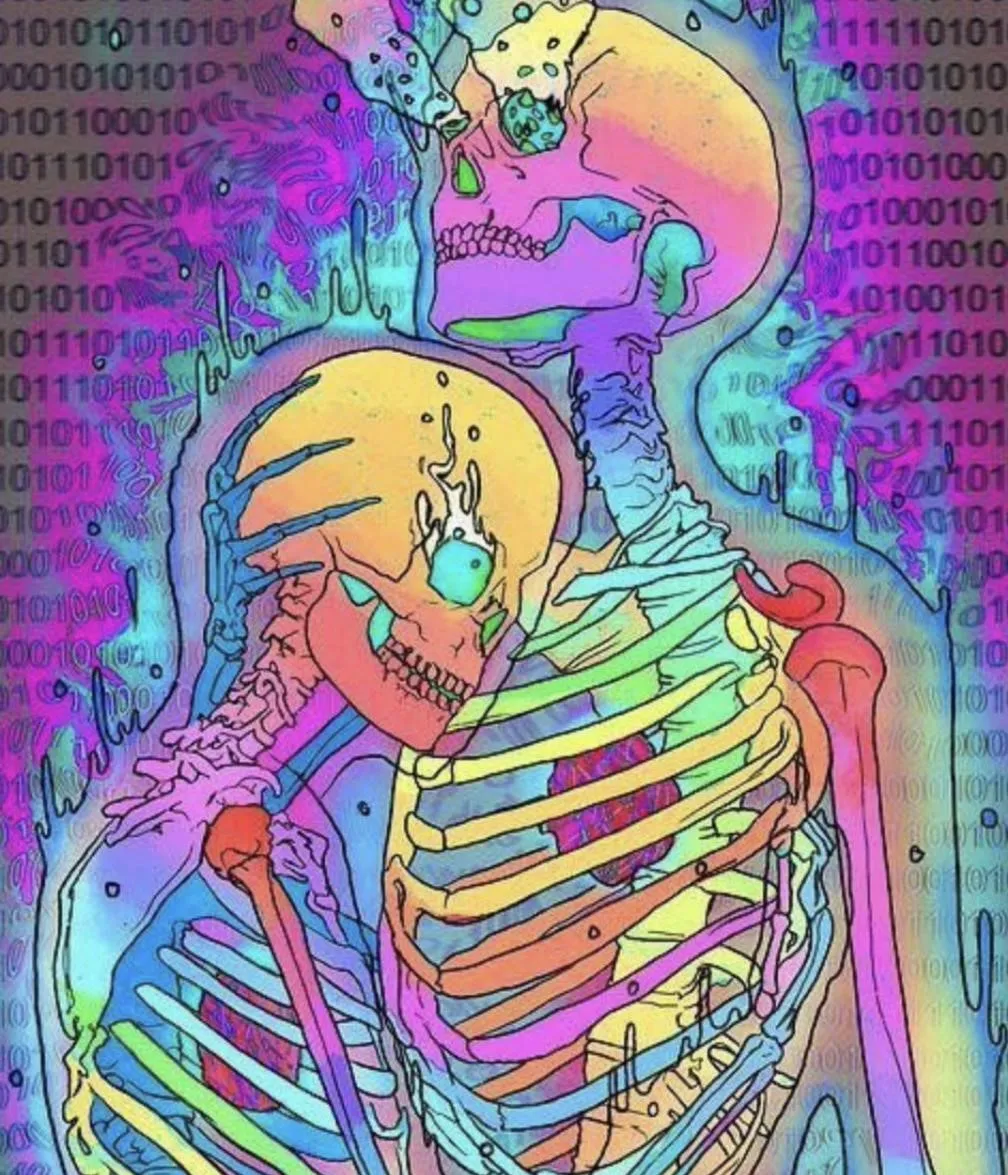 Neon Skeleton Art Representing Eternal Passion Wallpaper