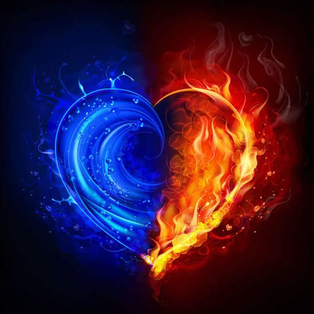 Passionate Blue and Red Heart Blending with Fire Wallpaper