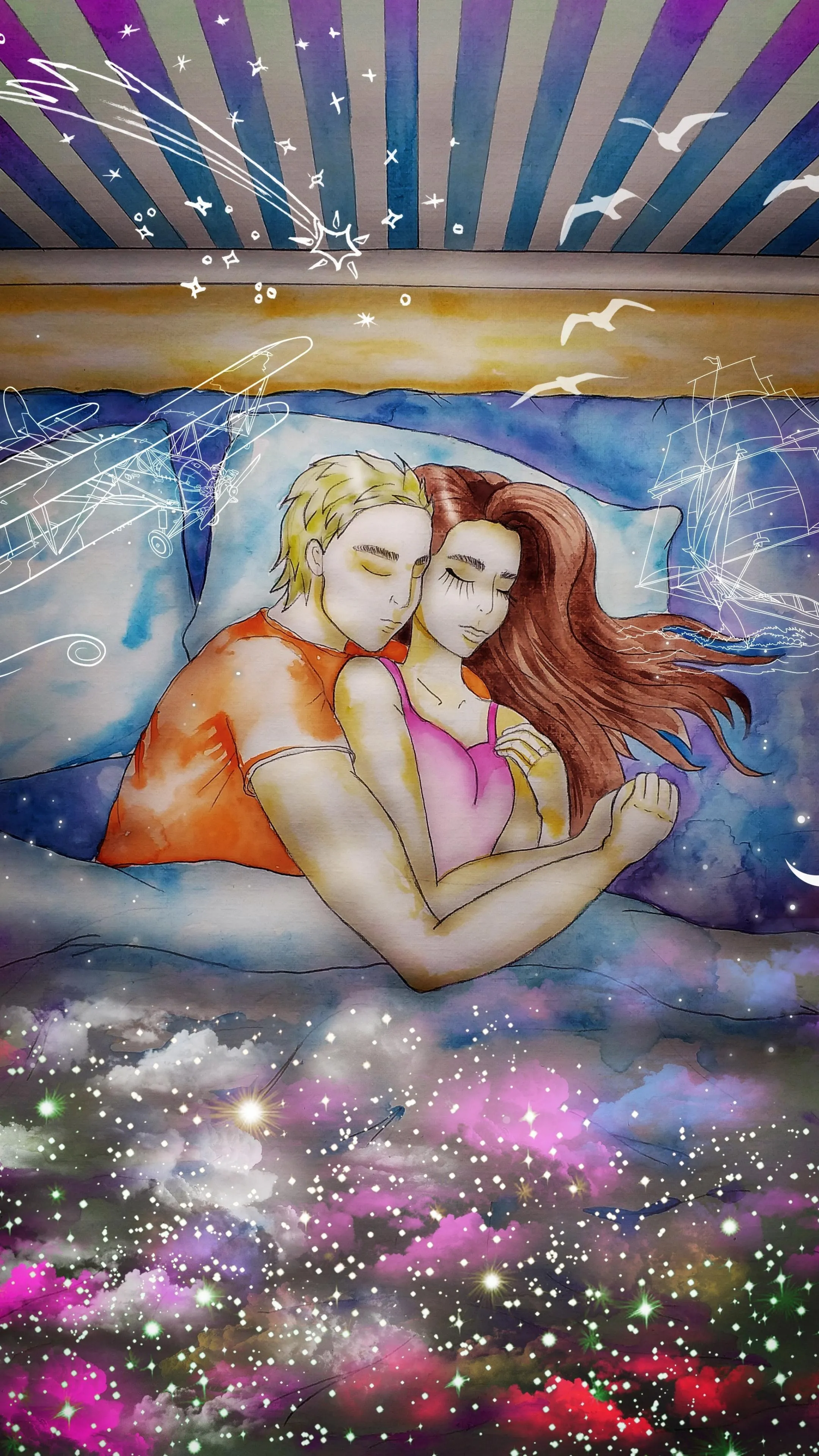 Peaceful Couple Sleeping Together Under Dreamy Stars