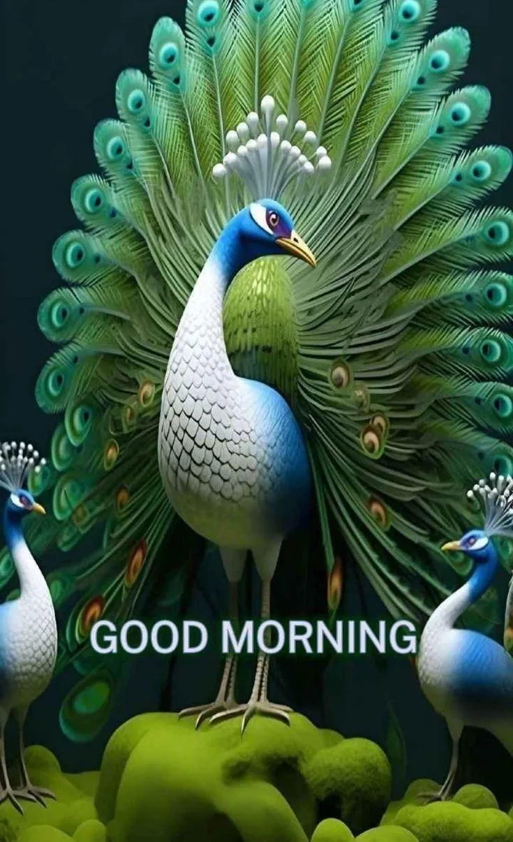 Peacock Feather and Leaf Design Send Good Morning Wallpaper