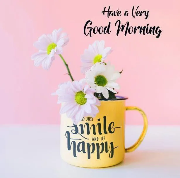 Pink Cup with Smile Happy and Good Morning Text Wallpaper