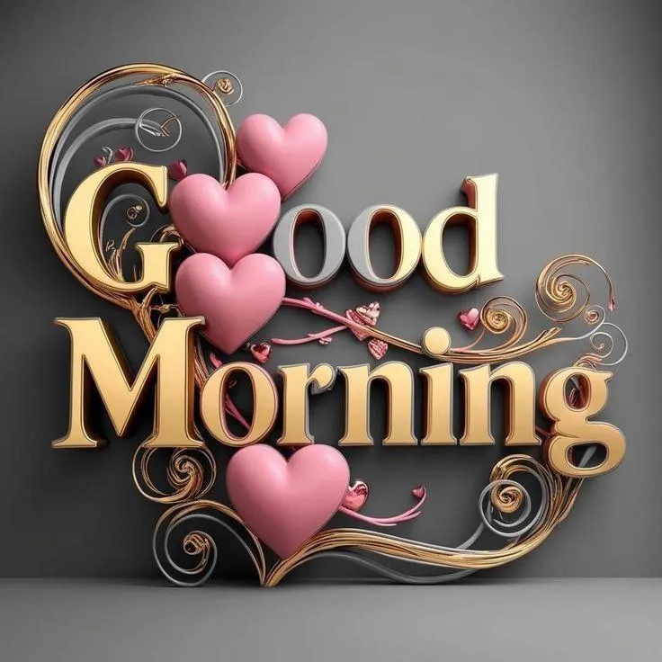 Pink Heart and Gold Good Morning Text Free Wallpaper