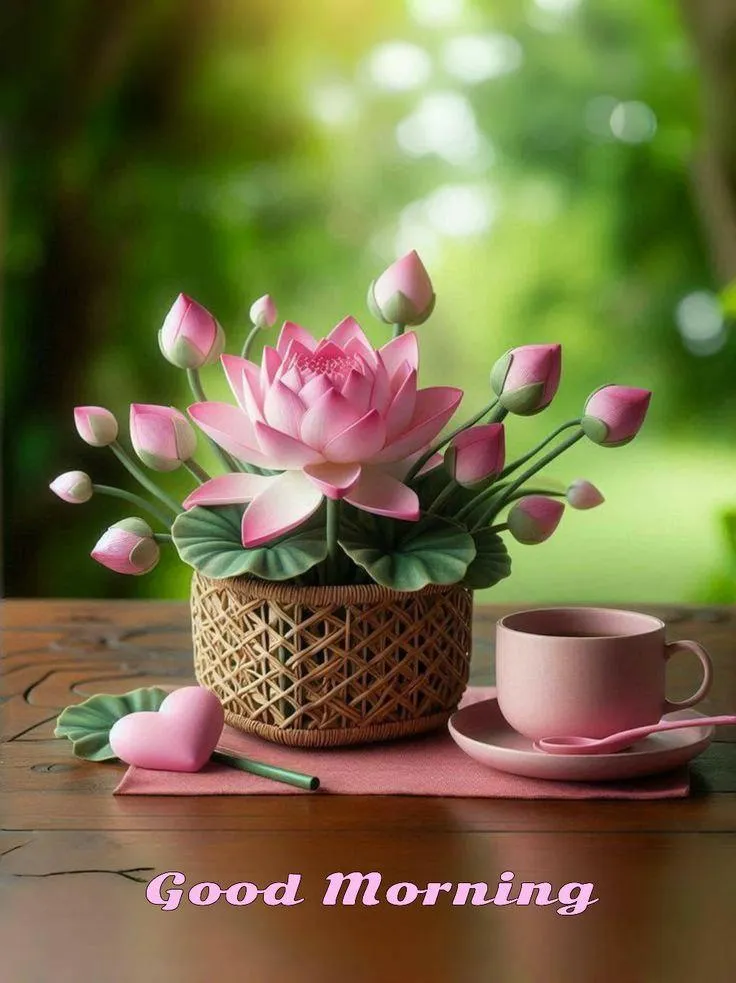 Pink Lotus Flower with Good Morning Message Wallpaper