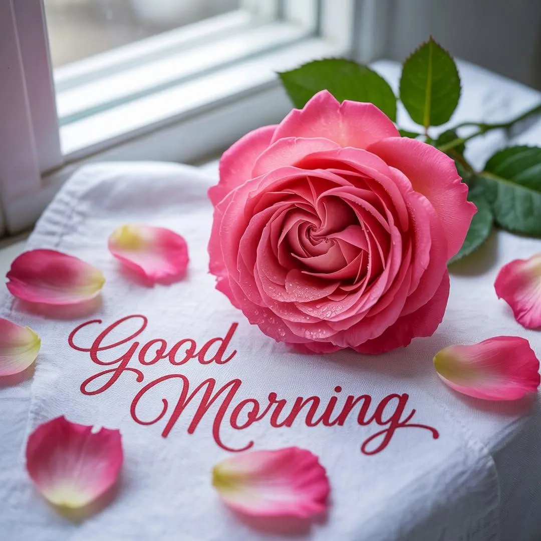 Pink Rose Closeup with Good Morning Text Wallpaper