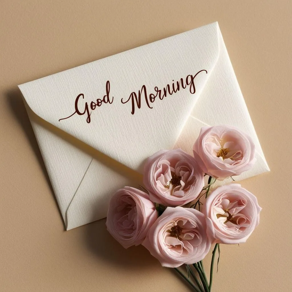 Pink Roses in Envelope Sending Soft Morning Wishes
