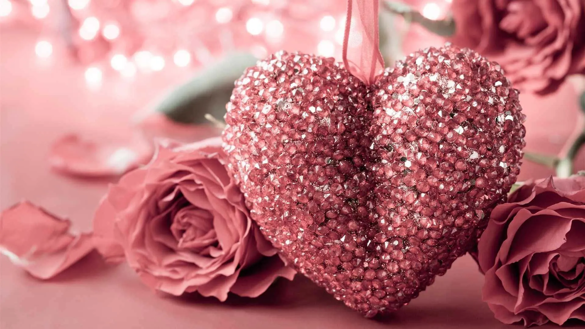 Pink Sparkling Hearts with Romantic Flowers Wallpaper