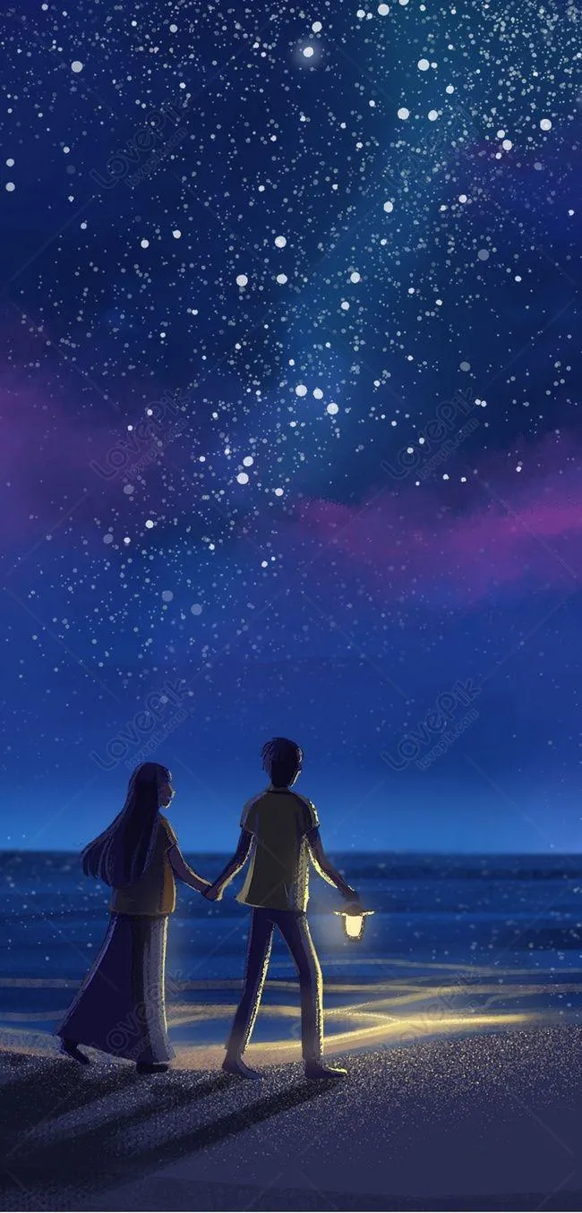 Portrait of Couple Walking Under Starry Sky Sharing Love