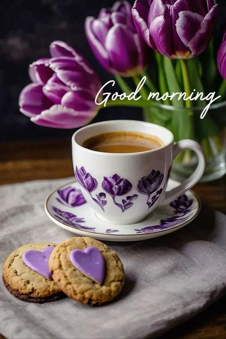 Purple Flower Teacup with Good Morning Greeting Wallpaper