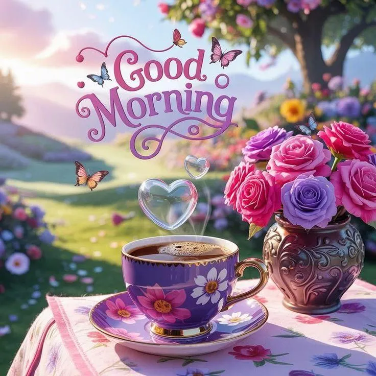 Purple Tulips and Candle Image with Morning Wish Image