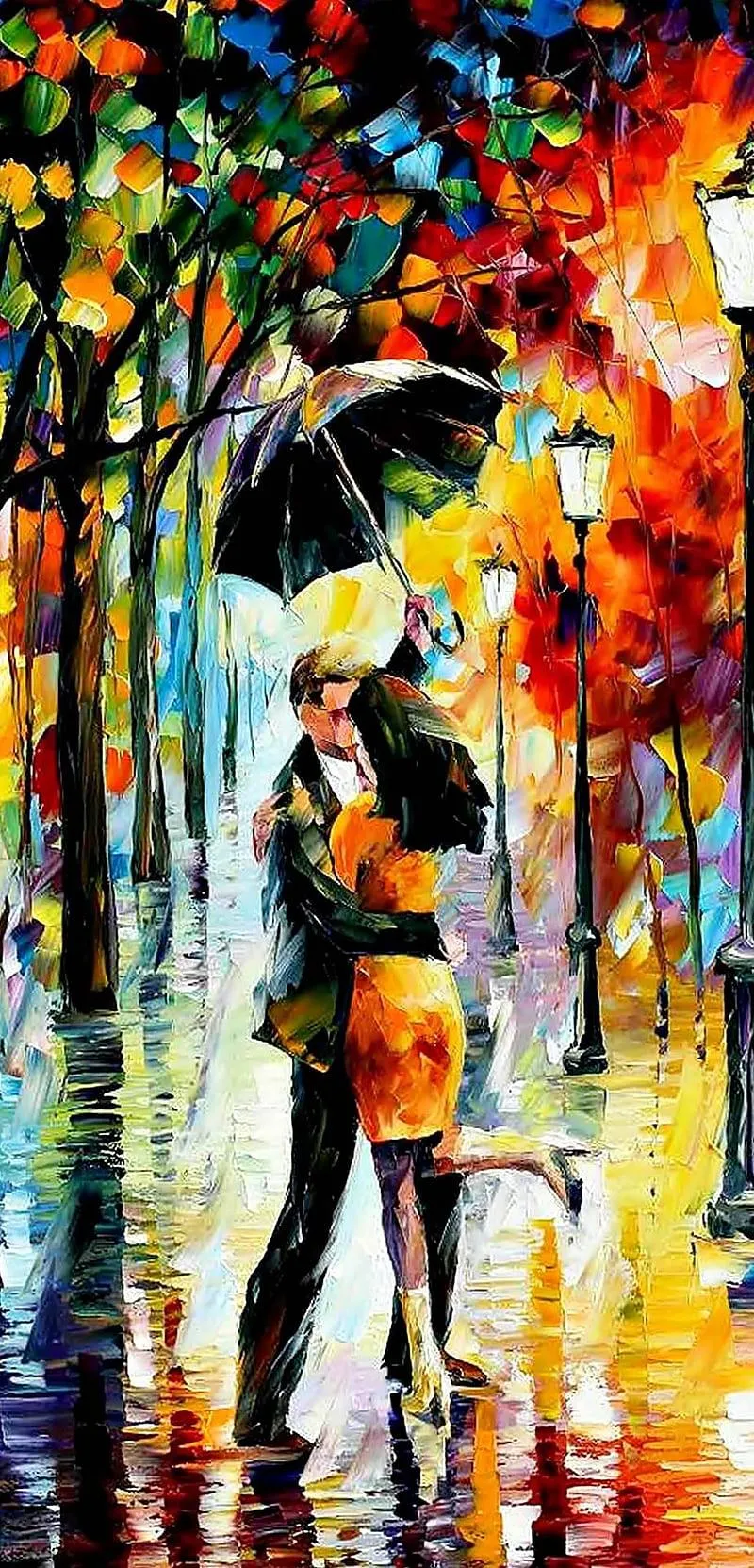 Rainy Street with Couple Reflecting Timeless Love Wallpaper