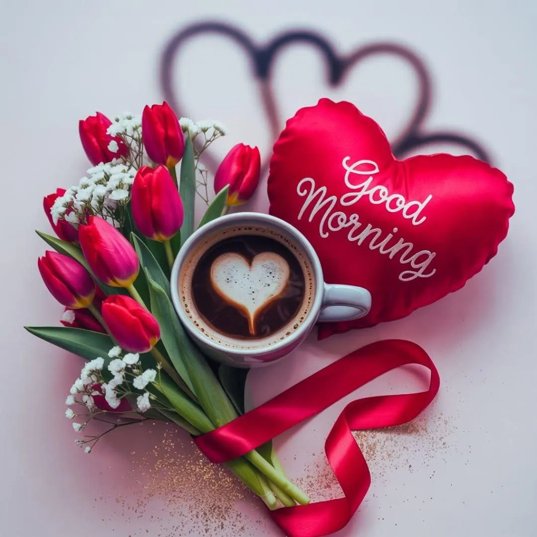 Red Heart and Love Text for Romantic Start of Day Image