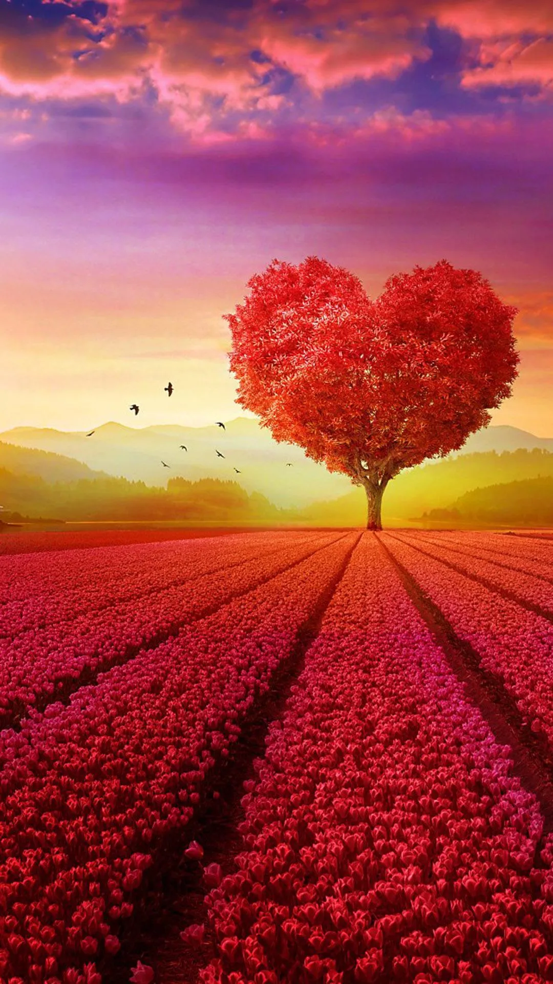 Red Heart Tree Blooming in Vast Field of Love Wallpaper