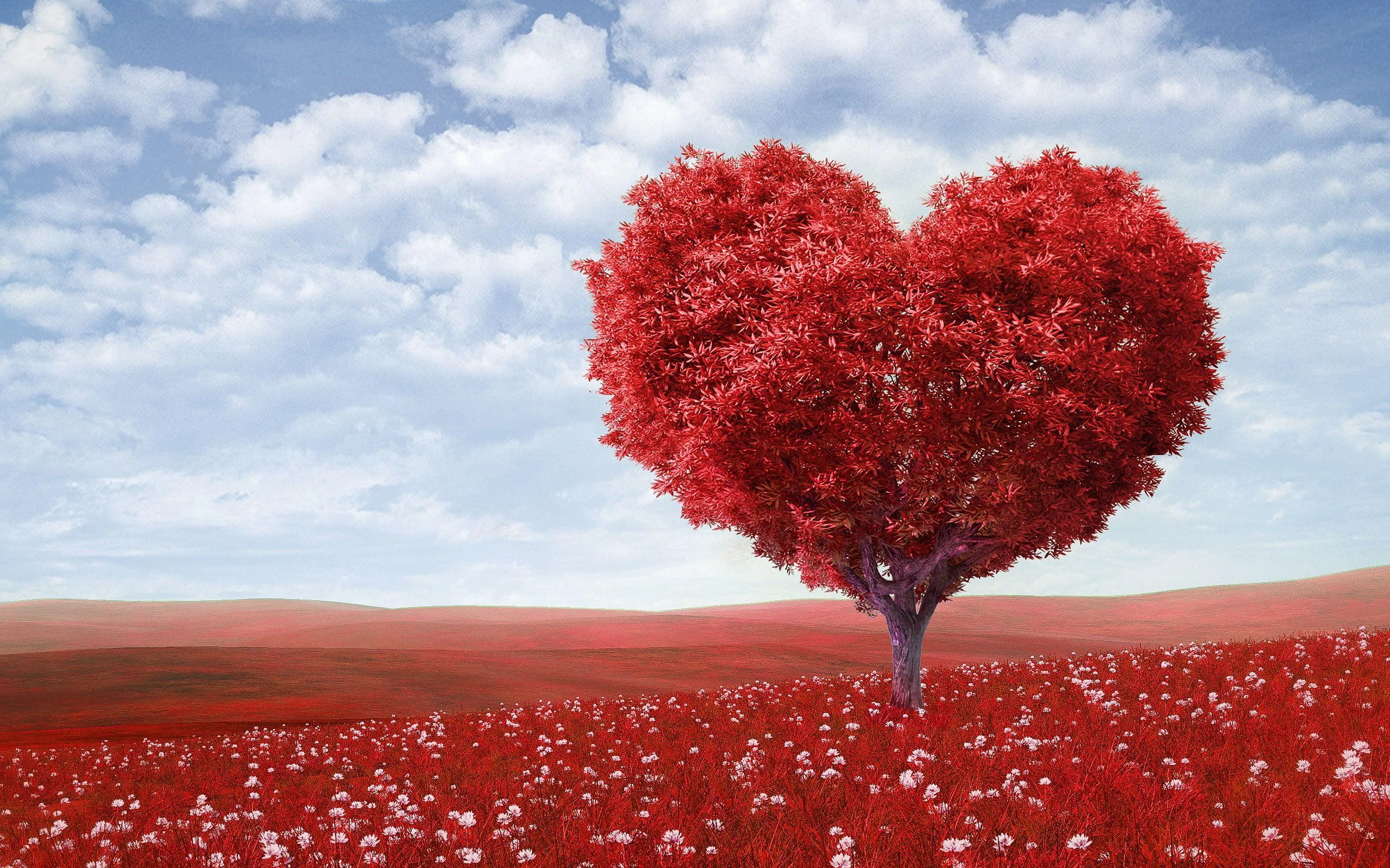 Red Heart Tree in Meadow Expressing Eternal Love Wallpaper